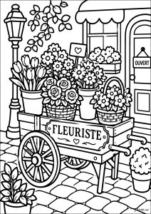 Carro de flores frente a una floristería