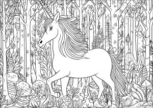 Majestuoso unicornio, avanzando por un bosque