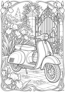 Avispa frente a una puerta de hierro forjado. Un scooter estilo Vespa aparcado sobre losas de pavimento, rodeado de flores (estilo Art Nouveau), con una valla de jardín al fondo.