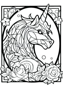 Vidriera Imaginaria Con Un Unicornio De Perfil Y Bonitas Flores