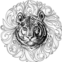 Tigre incoronata con volute floreali. Fronte di testa di tigre con sguardo penetrante e strisce marcate, circondata da volute stilizzate e foglie che formano una cornice decorativa.
