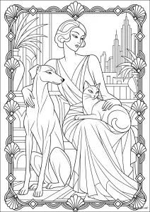 Donna seduta con un gatto e un cane. Una donna è seduta con un gatto sulle ginocchia e un cane seduto accanto a lei. Sullo sfondo: i edifici Art Deco di New York.
