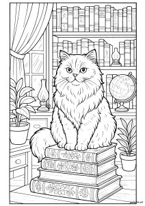 Gatto persiano in una biblioteca vintage