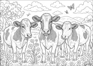 Trio di bovini in un prato fiorito