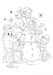 Bambini e pupazzo di neve