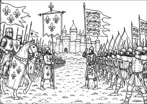 Battaglia di Azincourt - 25 ottobre 1415 (Guerra dei Cent'Anni). Cavalieri francesi con il giglio affrontano arcieri inglesi schierati sotto le insegne dei tre leoni. Questa scena evoca la battaglia di Azincourt, un importante episodio della Guerra dei Cent'anni, in cui l'esercito inglese di Enrico V ottenne una vittoria decisiva sulle forze francesi il 25 ottobre 1415.