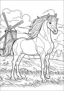 Cavallo Con Criniera Al Vento, Con Un Mulino A Vento Sullo Sfondo