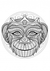 Mandala con splendida testa di scimmia e motivi geometrici