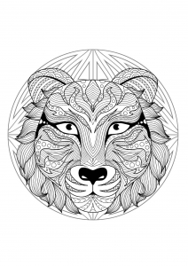 Mandala con bellissima testa di lupo e motivi geometrici