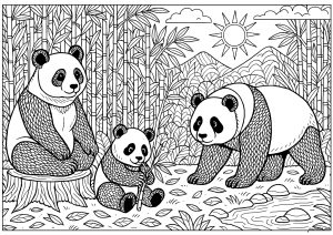 Famiglia di panda in un boschetto di bambù