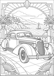 Vecchia auto su una terrazza sul mare