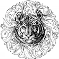 Gekrönter Tiger mit floralem Rankenwerk. Vorne blickender Tigerkopf mit durchdringendem Blick und markanten Streifen, umgeben von stilisierten Rollwerk- und Blattornamenten, die einen dekorativen Rahmen bilden.