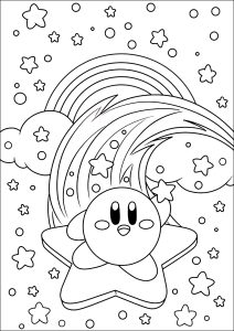 Kirby auf einem Stern am Himmel mit Wolken und Regenbogen