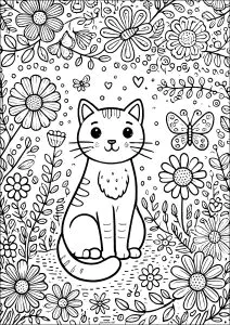Hübsche Katze umgeben von Schmetterlingen und Blumen