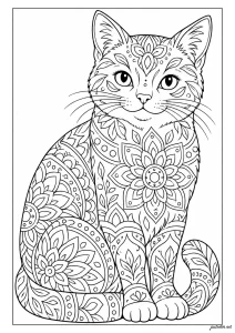 Verziert mit Blumenmustern und Mandalas. Katze sitzend mit Blick nach vorne, Fell und Gesicht vollständig mit großen Mandalamustern, Blättern und dekorativen Kreisen bedeckt, ausdrucksstarke Augen und geringelter Schwanz.