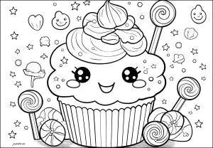 Großer Cupcake Umgeben Von Süßigkeiten