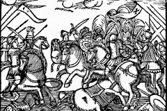 Kolorierung nach einem Kupferstich von 1620 mit Rittern im Krieg