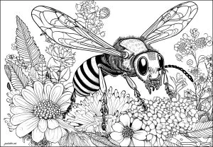 Realistische Wespe Auf Einem Blumenteppich
