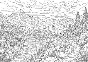 Wolf, bergiger Horizont und sich schlängelnder Fluss