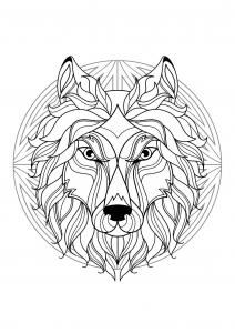 Mandala mit elegantem Wolfskopf und schönen Mustern