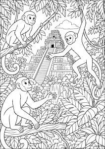 Affen im Dschungel nahe einer aztekischen Pyramide
