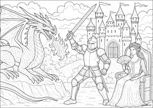 Tapferer ritter, der sich dem drachen stellt