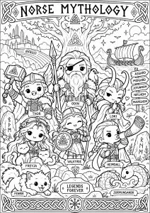 Kawaii-Versionen von Figuren der nordischen Mythologie. Mythologische Charaktere stehen vor einem Baum, mit Runen auf Steinen um sie herum. Thor, Odin, Loki und die anderen Charaktere sind im Chibi-(Kawaii-)Stil gezeichnet.