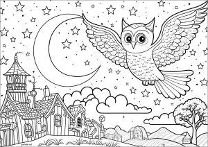 Eule, Mond, Sterne Und Hübsches Dorf