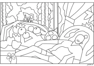 Tom Wesselmann   Akt bei Sonnenuntergang mit Matisse Äpfeln auf rosa Tischtuch (2003)