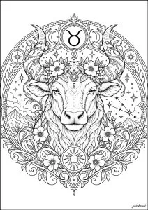 Sternzeichen Stier. Taurus, ein Erdzeichen, das mit Stabilität, Entschlossenheit und Sinnlichkeit assoziiert wird, wird hier durch einen majestätischen Stier dargestellt, der von kunstvoll detaillierten Blumen, Sternen, Mondsicheln und himmlischen Motiven umgeben ist.