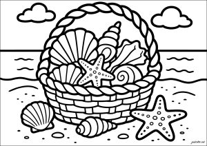Korb mit Muscheln am Strand