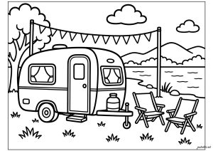 Wohnwagen, der an einem See geparkt ist