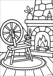 Spinnrad am Kamin