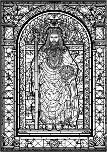 Buntglasfenster mit der Darstellung eines imaginären Königs