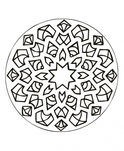Un mandala con una estrella en el centro, fácil de colorear, perfecto para los niños más pequeños, con grandes áreas para colorear.