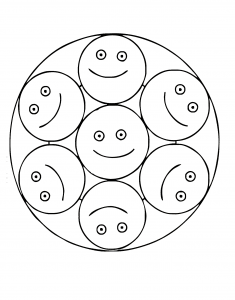 Mandala descargable de caritas sonrientes. Muy fácil de colorear y muy divertido.