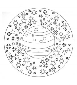 Magnífico mandala que representa el planeta "Saturno" con un bonito cielo estrellado. Muy fácil de colorear.