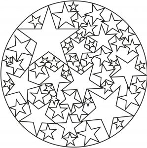 Hay pocos detalles para colorear en este mandala bastante sencillo, formado por estrellas de varios tamaños, que gustará a niños y adultos que busquen la sencillez.