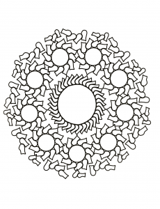 Una página para colorear de mandalas para los niños más pequeños, con un nivel de dificultad bajo. Grandes áreas fáciles de rellenar.