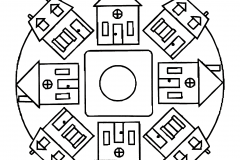 Un mandala simétrico muy bonito que muestra dos tipos de casa. Muy fácil de colorear.