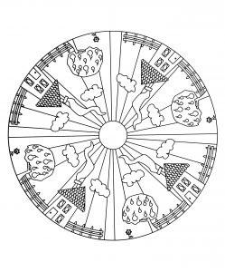 Mandala simétrico descargable que representa una casa y su conjunto. Fácil de colorear.