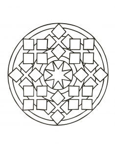 Mandala geométrico con diferentes formas geométricas (cuadrados, rombos, estrellas, círculos).