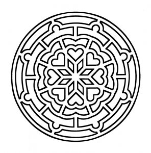 Mandala geométrico para colorear con corazones en el centro.