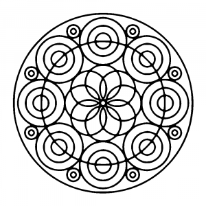 Página para colorear de un mandala formado por círculos que forman flores, para niños más pequeños, nivel de dificultad bajo. Grandes áreas fáciles de rellenar.