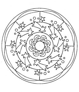Mandala para colorear de estilo "espacial" con bonitas estrellas esparcidas por el círculo. Fácil de colorear.
