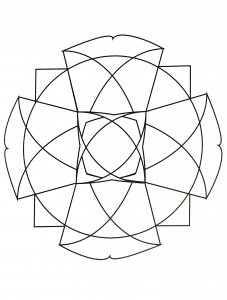 Mandala para imprimir que representa una gran cruz y otras formas geométricas (triángulo, rombo...).