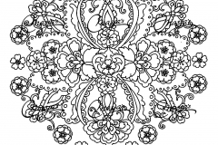 Mandala original com muitas flores e diferentes tipos de flores. Bastante complicada de colorir.