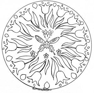 Se procura uma mandala de borboletas e flores que não seja demasiado complicada de colorir, mas com um nível de dificuldade relativo, esta é perfeita para si.