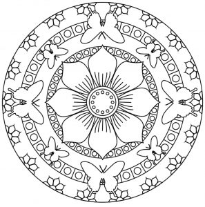 Detalhes relativamente fáceis de colorir, para uma página para colorir Mandala "borboletas e flores" muito original e de alta qualidade.