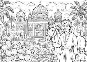 Página para colorir: Oriental - 1. Um palácio oriental com cúpulas majestosas ergue-se de jardins exuberantes cheios de palmeiras e flores exóticas. Um jovem de turbante acompanhado por seu cavalo arabesco e um gato observador completam esta cena noturna de luar. Palácio das mil e uma noites